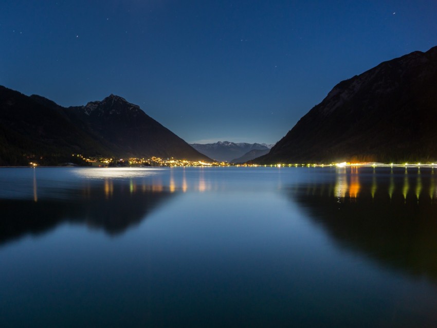 lake, mountains, city, lights, night, reflection