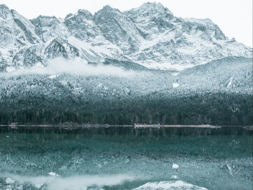 lake, mountains, forest, snow, winter
