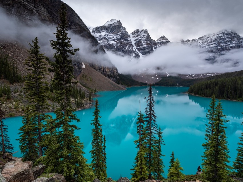 lake, mountains, trees, clouds, landscape
