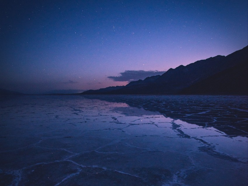 lake, mountains, twilight, starry sky, water, surface