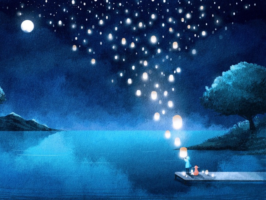 lake, night, lanterns, silhouette, art