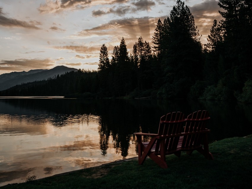 lake, shore, bench, dark, dusk