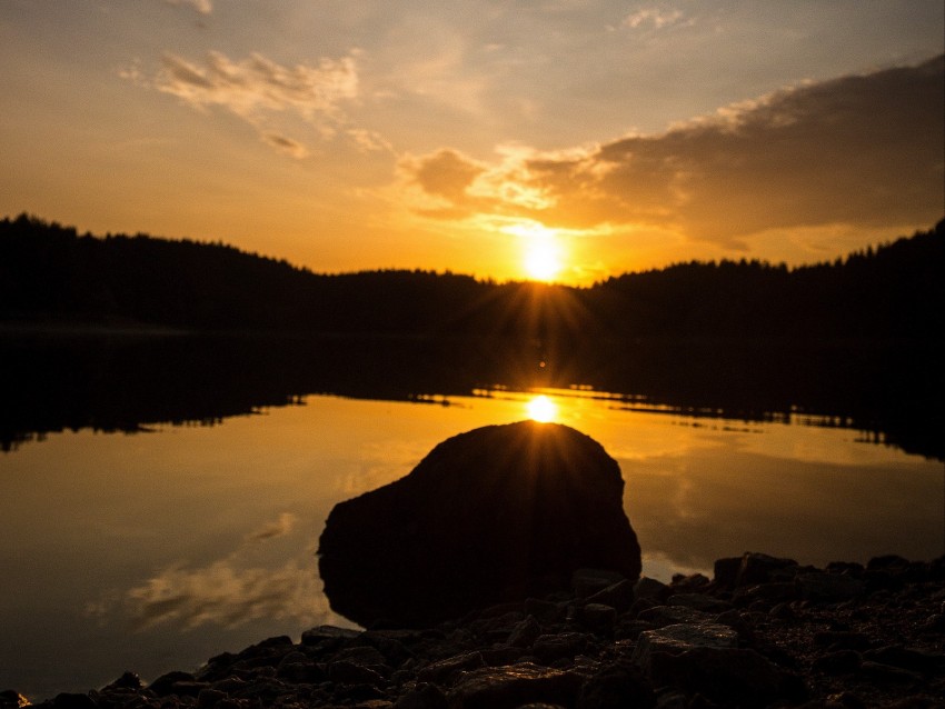 lake, stone, sunset, reflection, sun, sky, forest