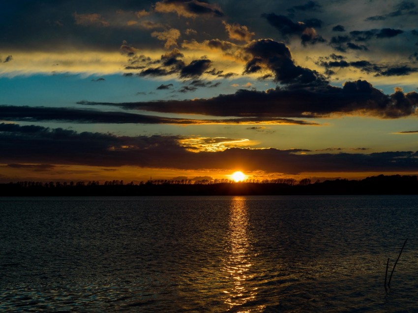 lake, sunset, clouds, dusk, dark, ripples