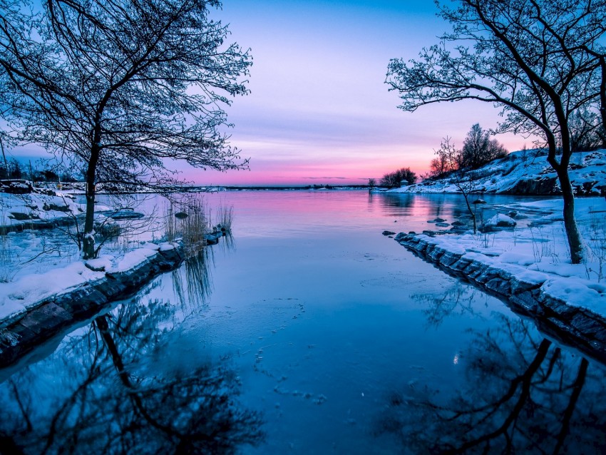 lake, sunset, horizon, winter