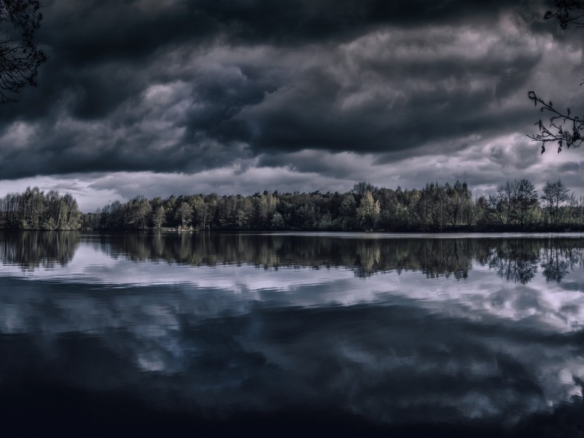lake, trees, horizon, reflection, clouds, dark, overcast