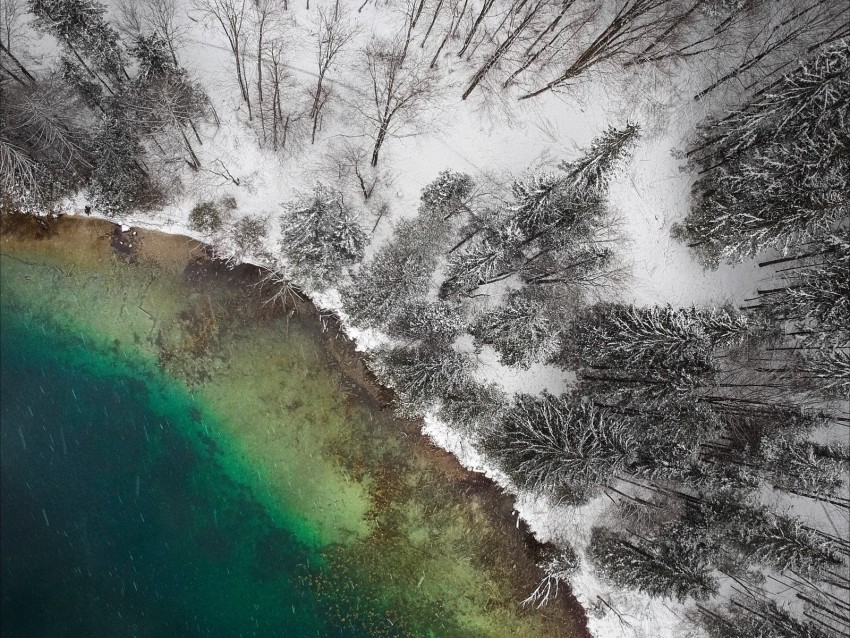 lake, winter, snow, aerial view, trees