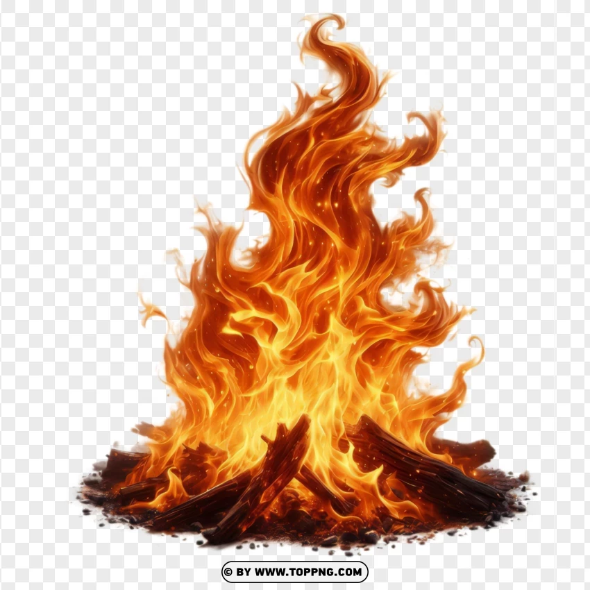 Large fire flame from a campfire with burning wood, PNG image with transparent background