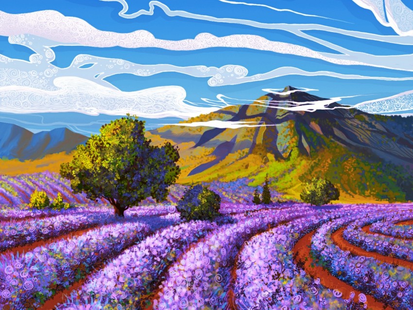 lavender, field, mountain, landscape, art