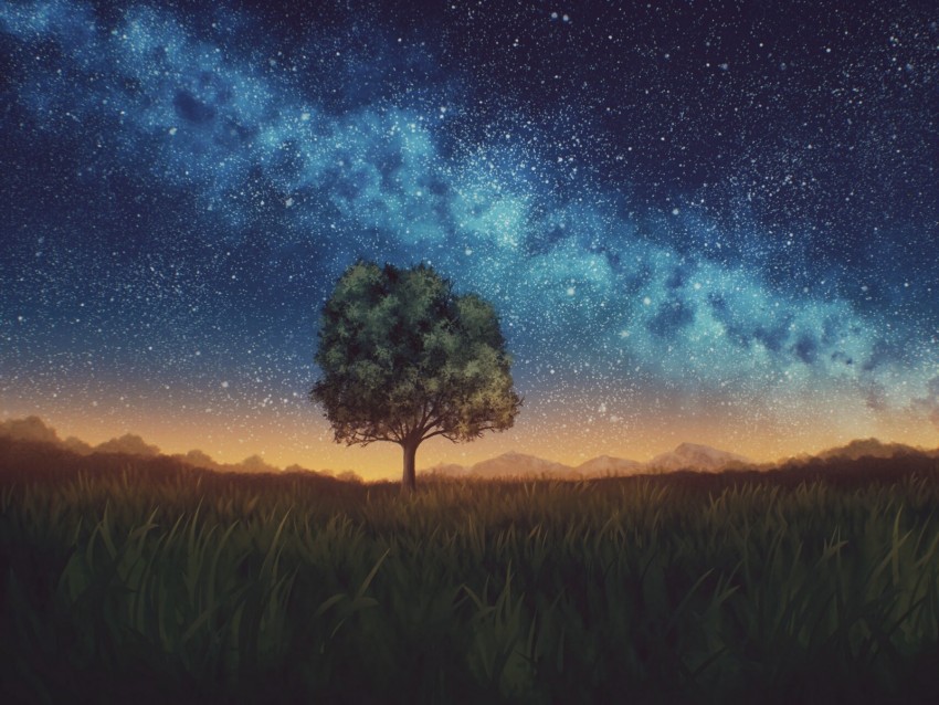 lawn, tree, night, starry sky, dark