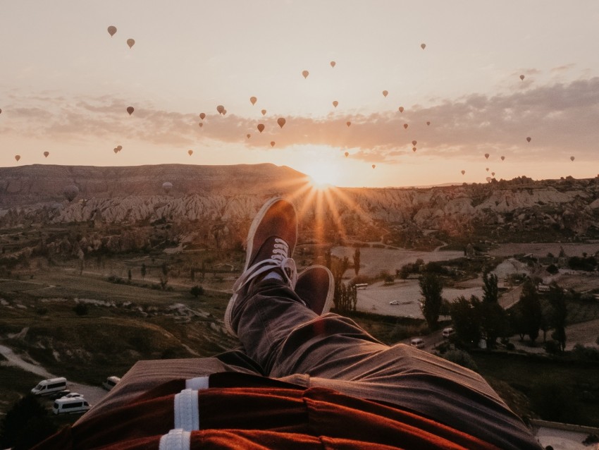 legs, landscape, sunset, air balloons, mountains, rest