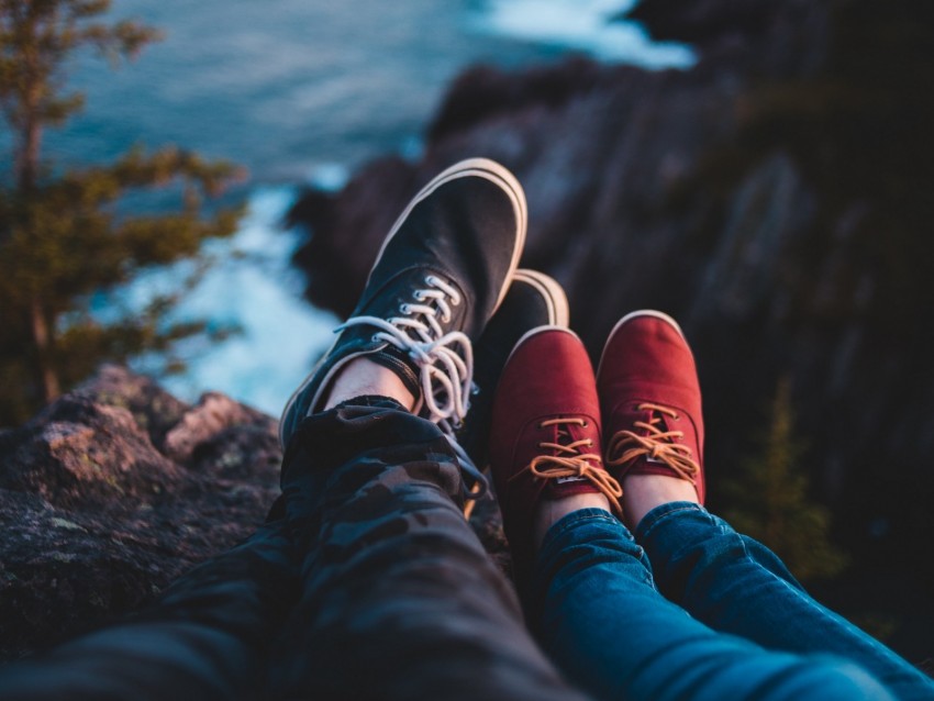 legs, shoes, sneakers, cliff, sea