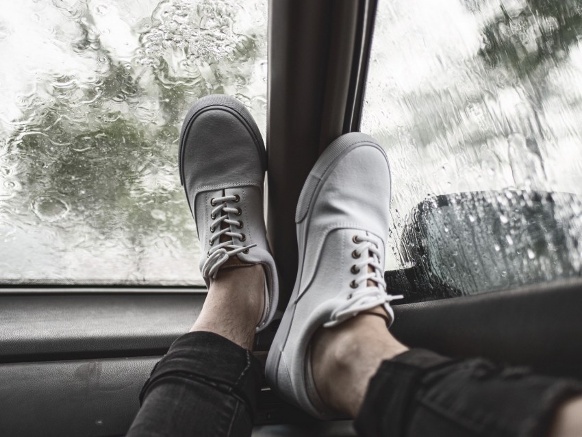 legs, sneakers, car, glass, rain