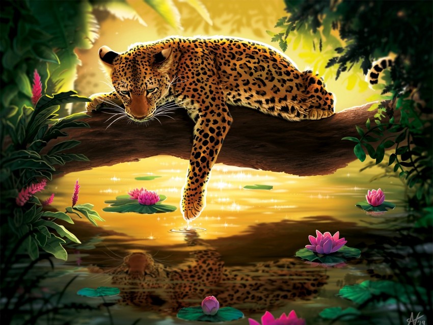 leopard, water, art, tree, water lilies