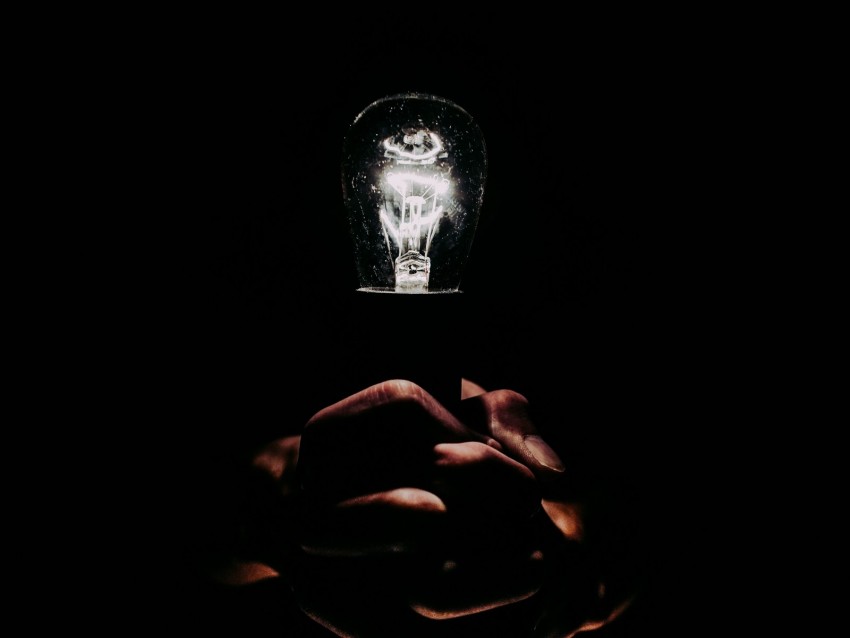 light bulb, hands, fingers, light, electric, dark