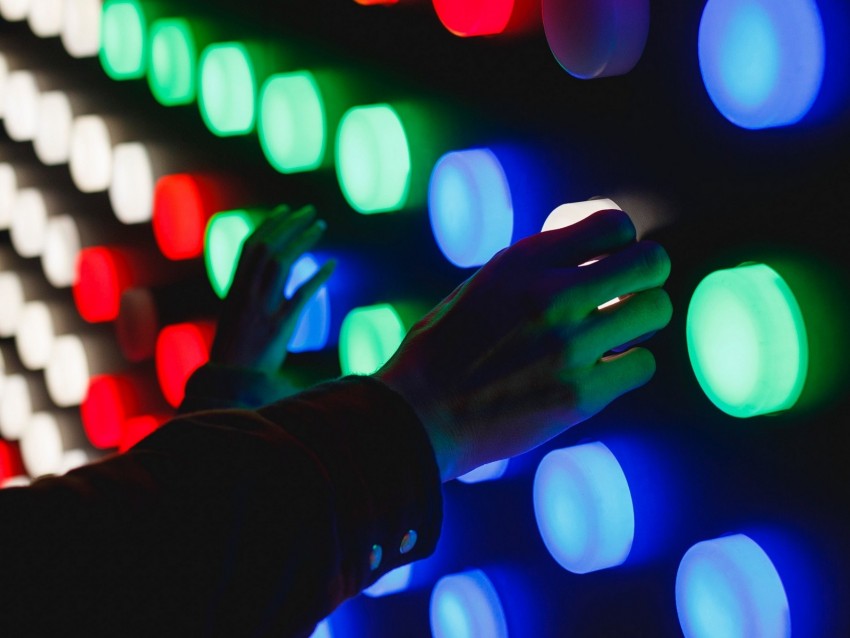 light, neon, buttons, hands, wall