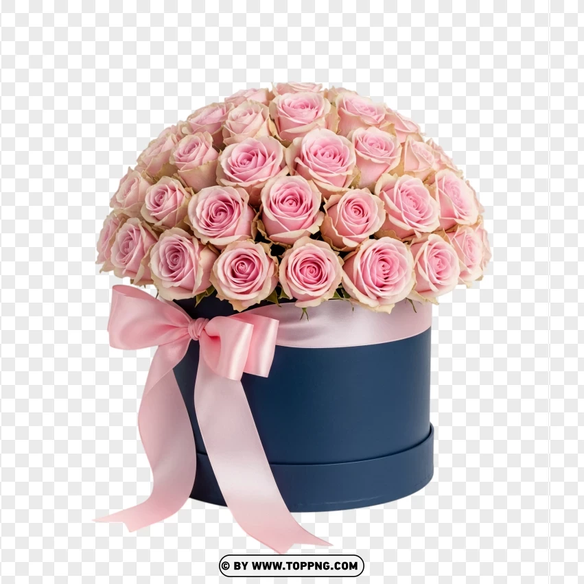 Light Pink Roses In Navy Box With Satin Bow PNG Transparent Background