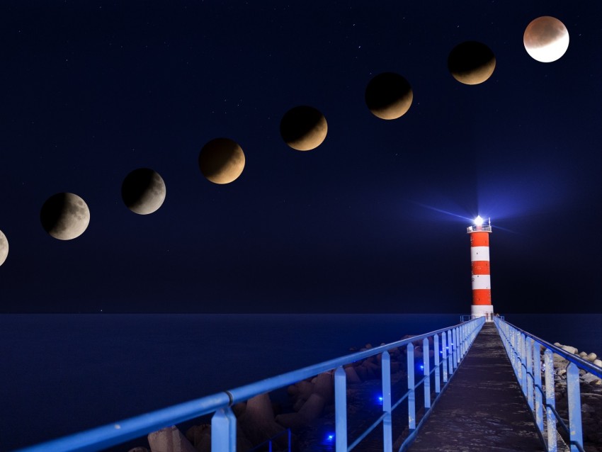 lighthouse, eclipse, moon, night, pier