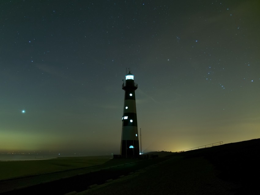 lighthouse, glow, night, starry sky, fog
