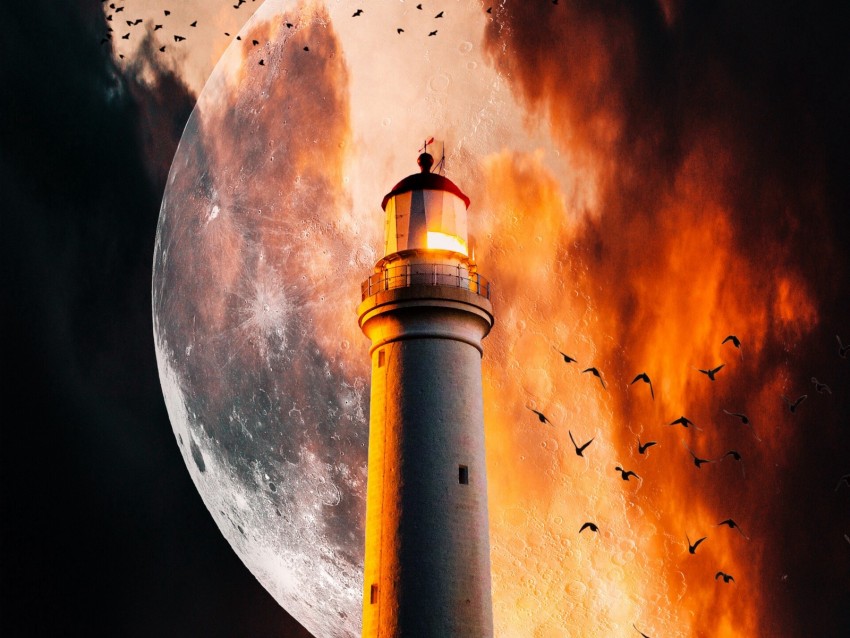 lighthouse, moon, flame, smoke, birds, night