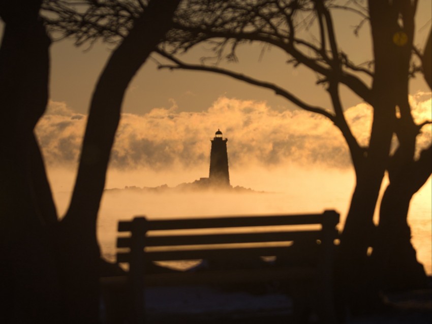 lighthouse, sunset, bench, blur, trees, branches
