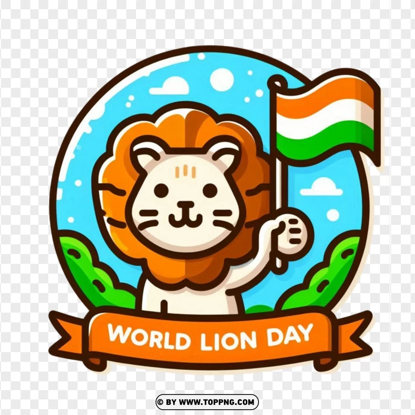 Logo Of Happy World Lion Day - Cute Lion Holding A Flag PNG Transparent Background