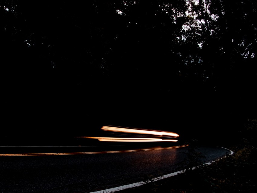 long exposure, night, road, turn, darkness