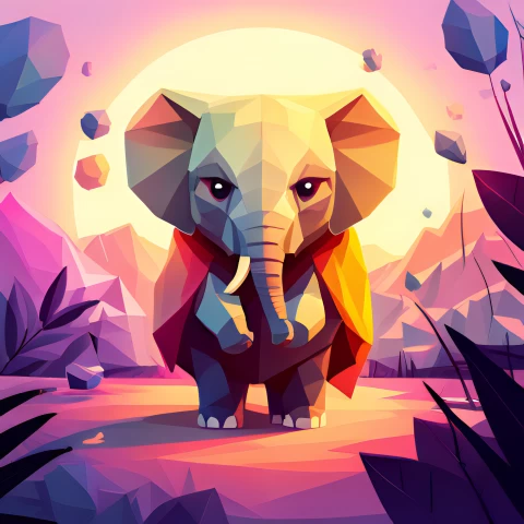 Low Poly Style Joyful Baby Elephant Vibrant Colors In Cinematic Garden Background