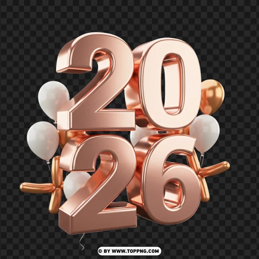 Luxe Rose Gold 2026 Typography With Celebration Balloons PNG Transparent Background