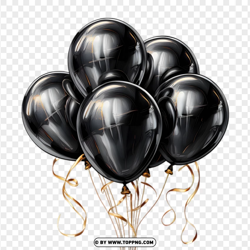 Black balloons,Golden strings,Elegant balloons,Shiny balloons,Reflective surface,Sophisticated decoration,Party decor