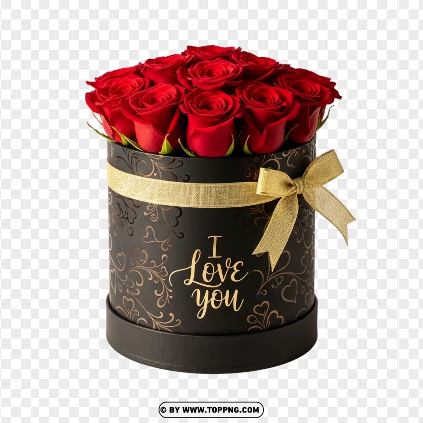 Luxurious Black Box With Red Roses And Gold I Love You Phrase PNG Transparent Background