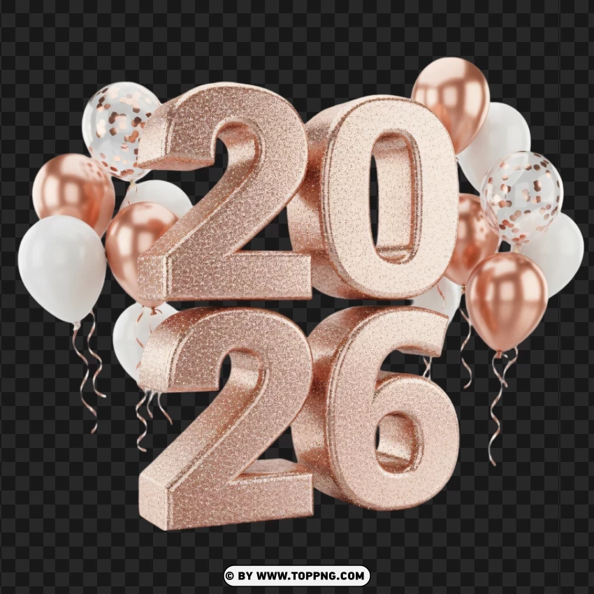 Luxurious Glitter 2026 With Rose Gold And White Balloons PNG Transparent Background