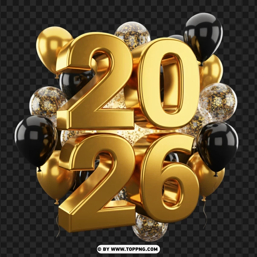 Luxurious Golden 2026 With Floating Black Balloons PNG Transparent Background