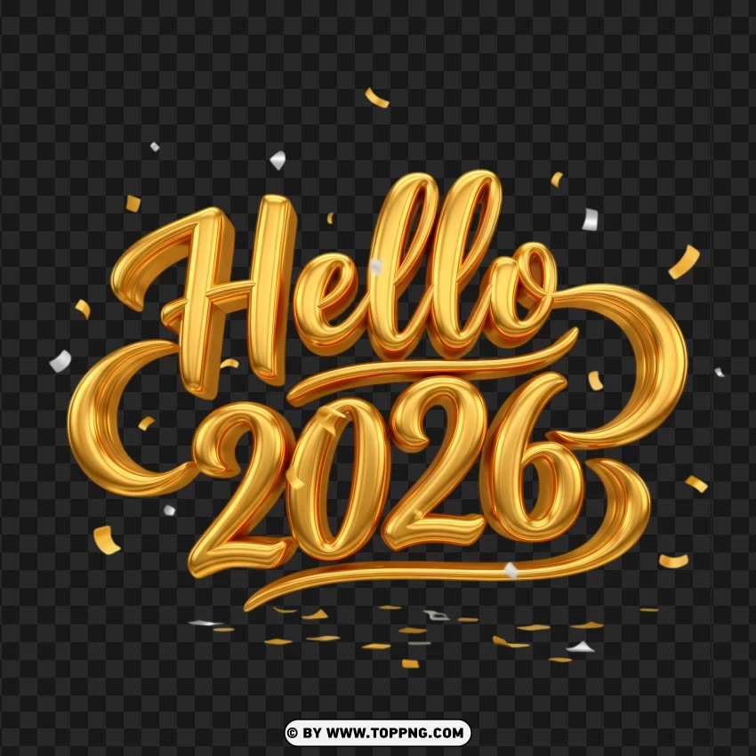 Hello 2026 Gold Typography With Confetti PNG Transparent Background