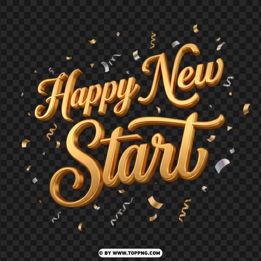 Happy New Start Gold Typography With Confetti PNG Transparent Background