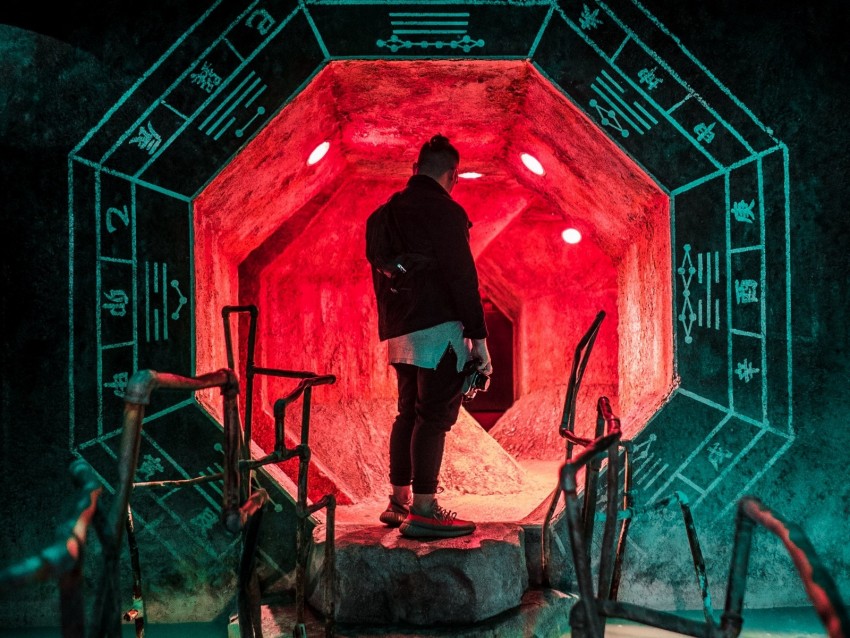 man, cave, tunnel, entrance, lighting