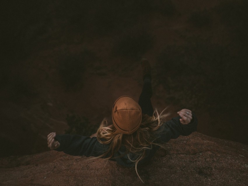 man, hat, cliff, girl, loneliness, solitude