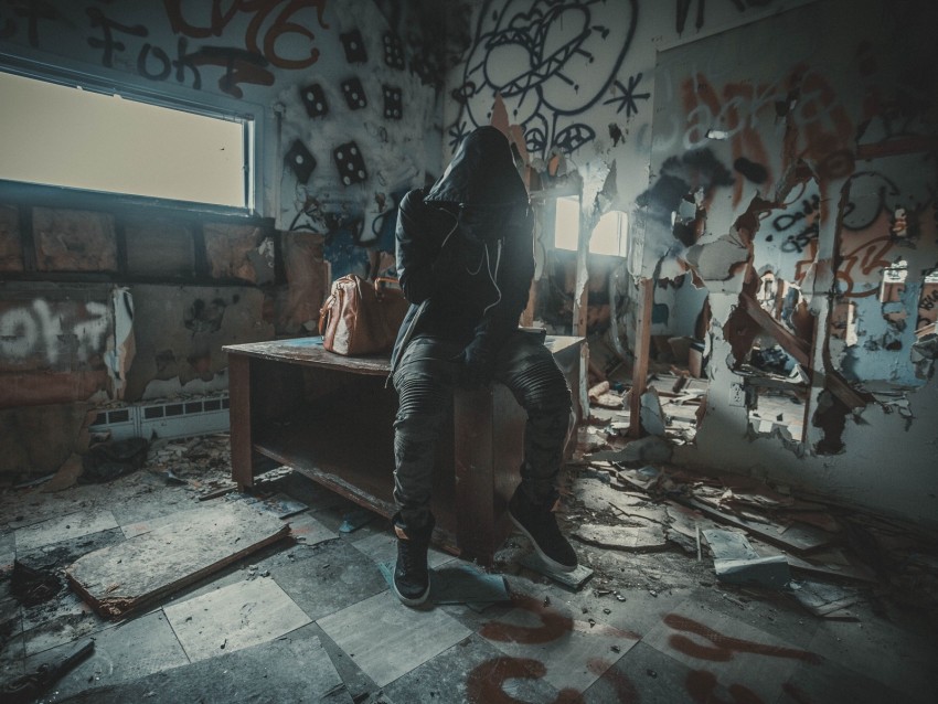 man, hood, ruins, room, graffiti