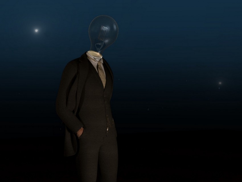 man, light bulb, surrealism, illusion, dark