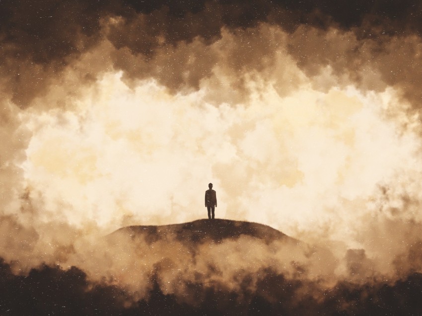 man, silhouette, cloud, smoke, light, brown, color
