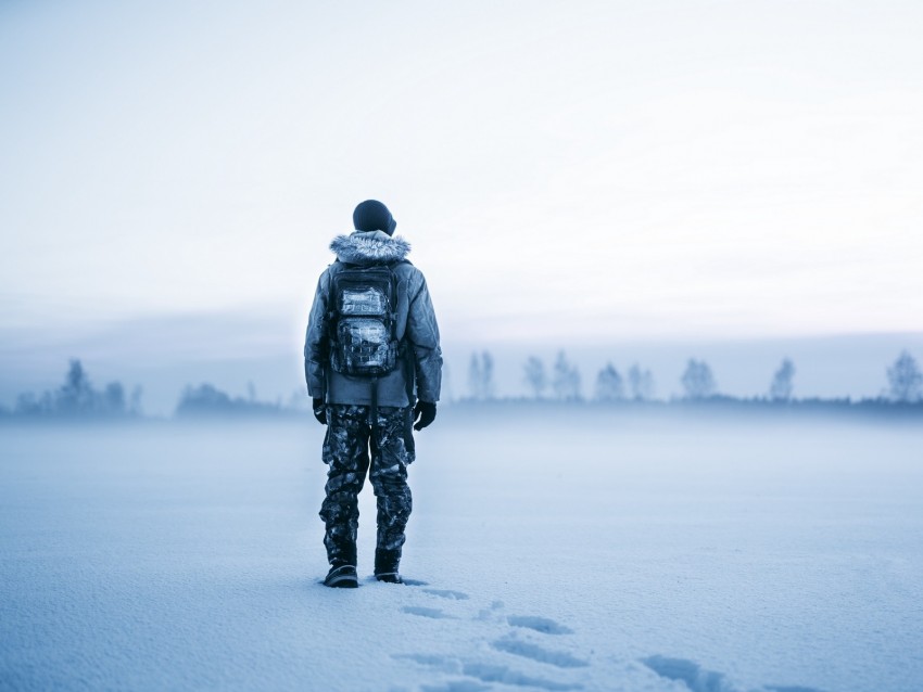 man, snow, tourist, backpack, winter