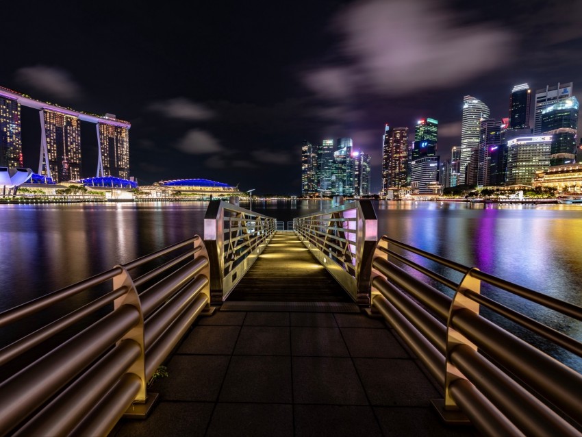 marina night city jetty city lights singapore 4k wallpaper