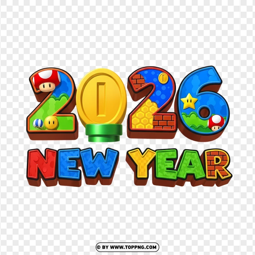 Mario Cartoon Style 2026 New Year Design PNG Transparent Background