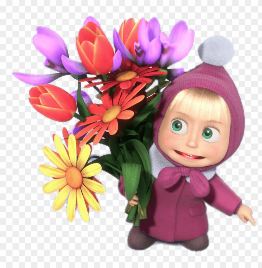 at the movies, cartoons, masha and the bear, masha holding bunch of flowers, 