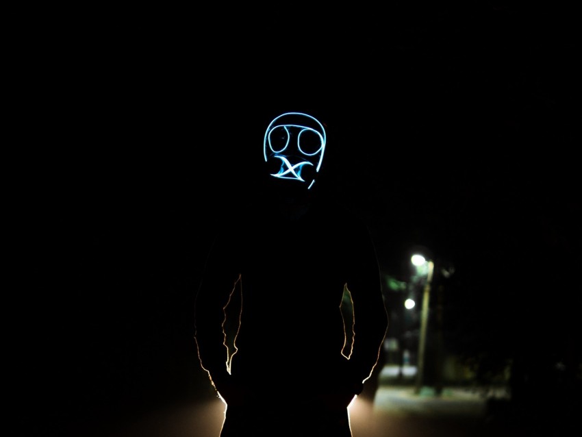 mask, glow, dark, anonymous, night