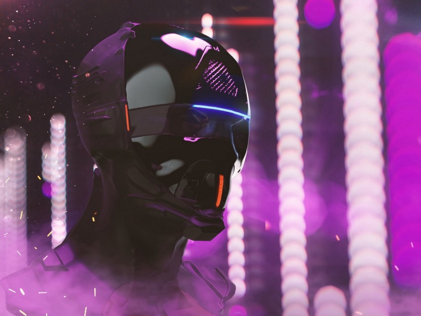mask, helmet, cyberpunk, robot, neon, lights, head