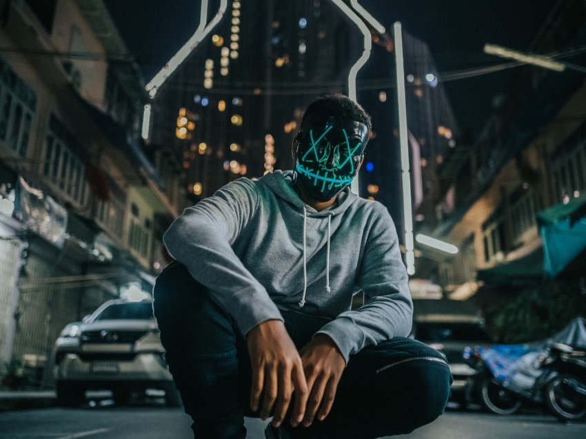 mask, man, anonymous, glow, city, street
