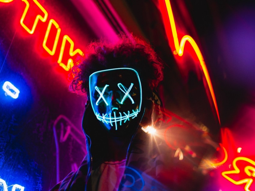 mask, neon, anonymous, light, man