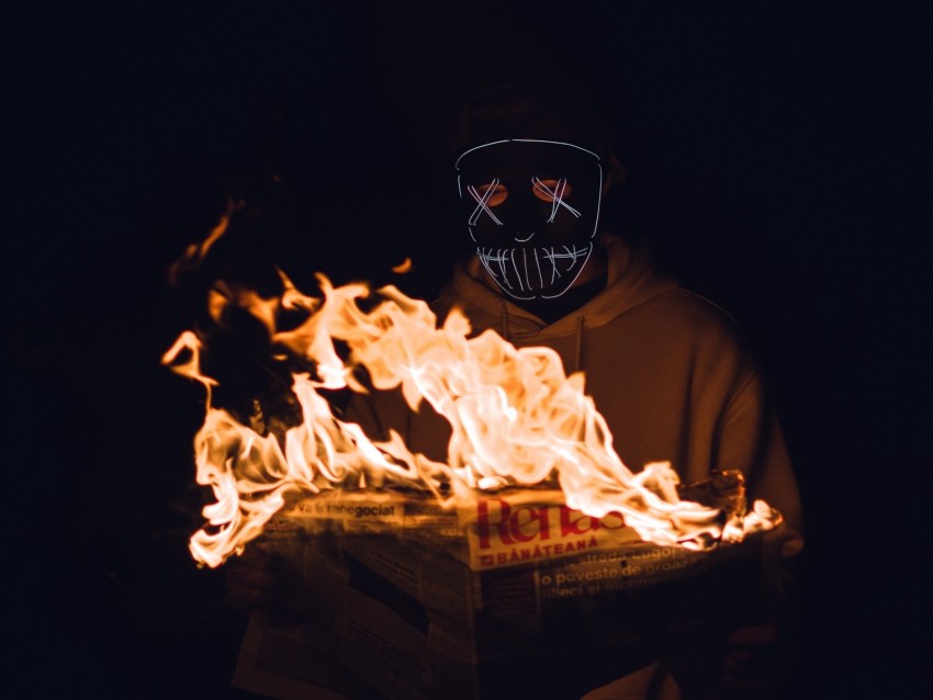 mask, newspaper, fire, man, dark