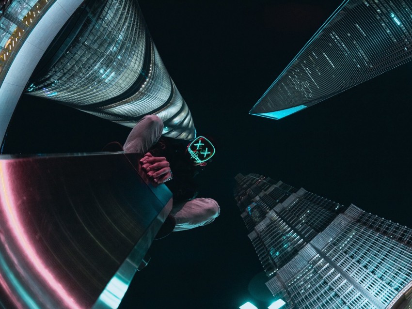 mask, skyscrapers, anonymous, architecture, bottom view